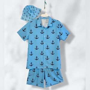 New Mens 3 Piece Anchor Shorts, Bucket Hat and Hawaiian Shirt Set / Large